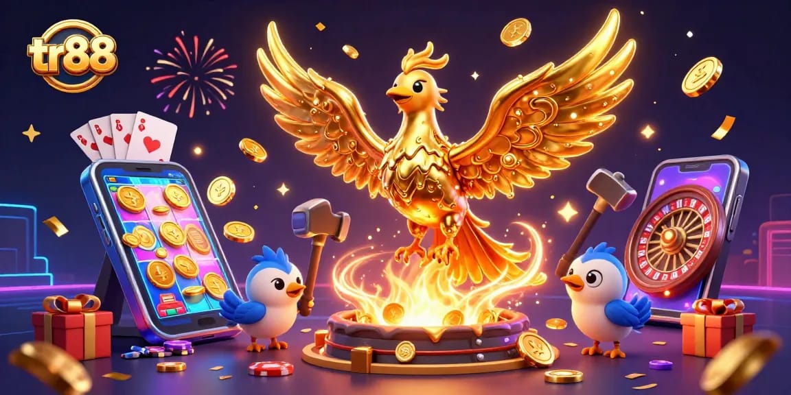 Experience thrilling gameplay with tr88 as gold coins fly in a vibrant casino scene.