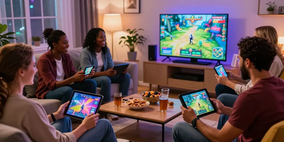 Adults enjoying html sex games together on multiple devices in a cozy living room setting.