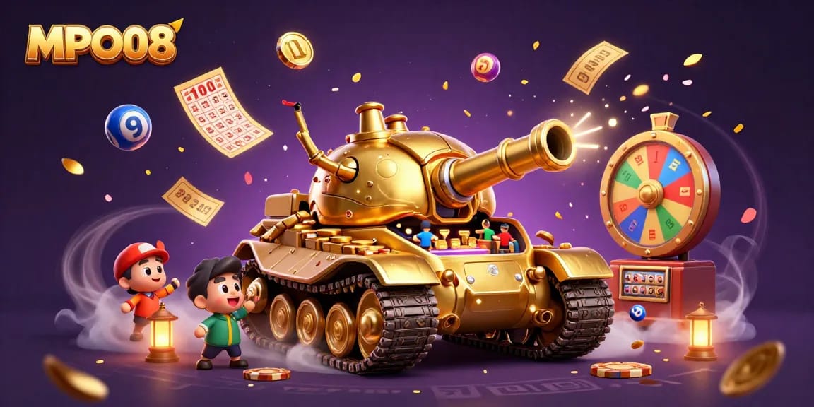 Join the excitement at MPO08 with a whimsical casino scene in a golden beetle tank, filled with joyful surprises.