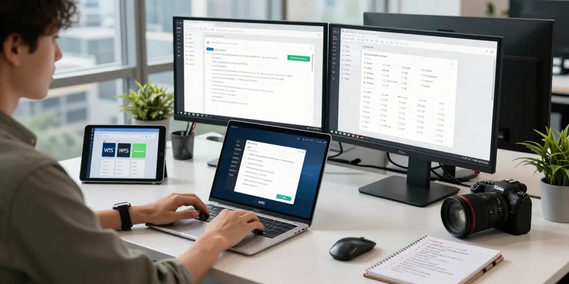 WPS Download in an office setting highlighting software installation and productivity tools.