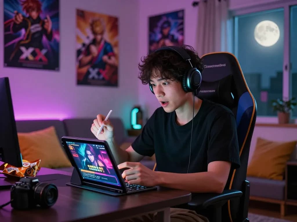 Player immersed in xxx games on a tablet, featuring vivid visuals and engaging narrative in a cozy gaming room.