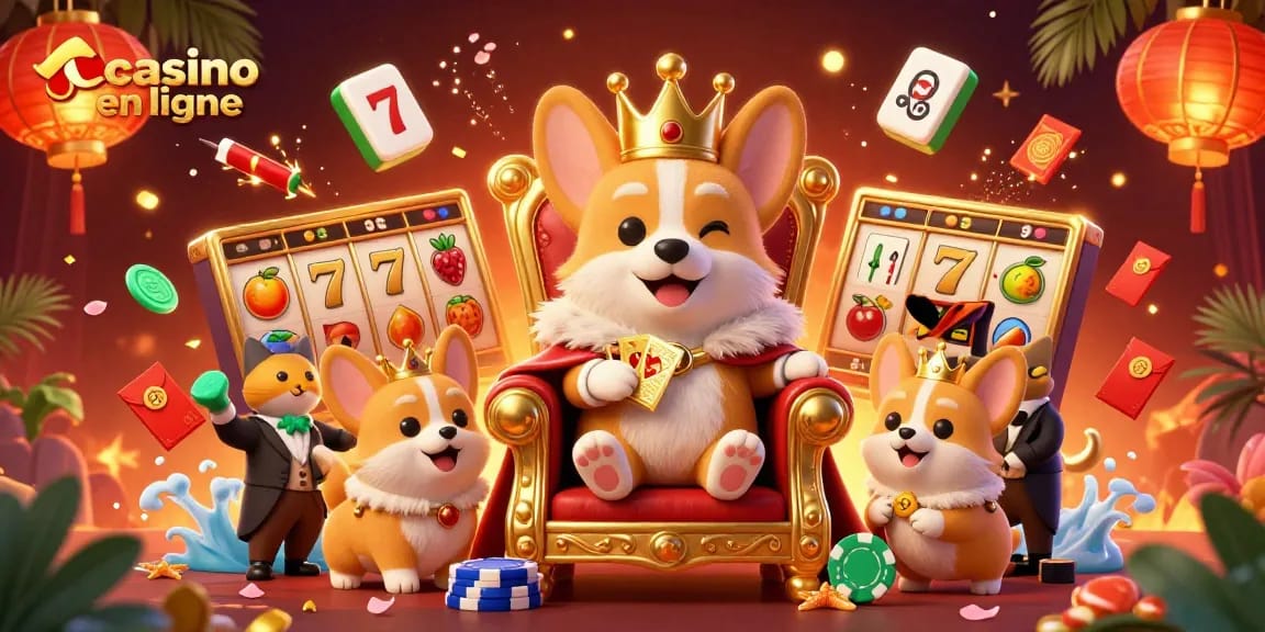 Jouez au casino en ligne avec le corgi royal entouré de symboles de chance et de dynamisme.