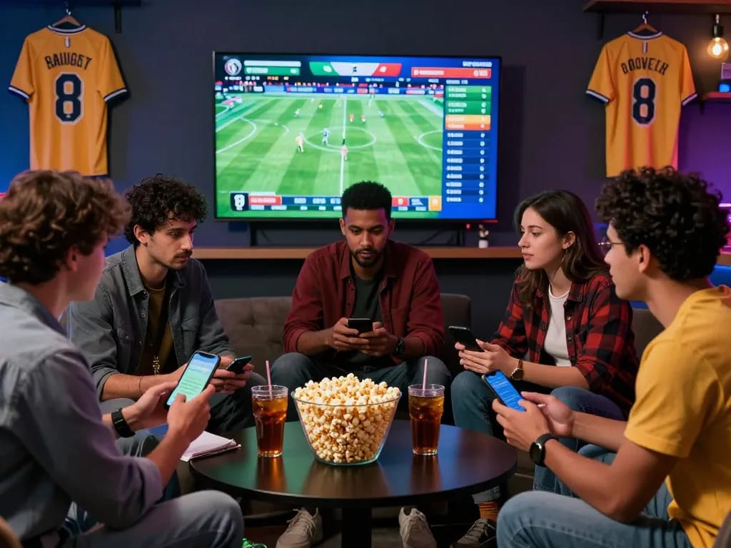 Kèo nhà cái scene with friends engaged in live sports betting and strategizing together.