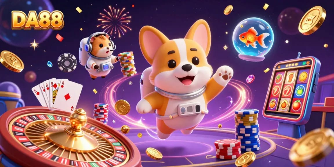 Experience the thrill of DA88 as a floating corgi navigates a space casino filled with golden coins and vibrant game elements.