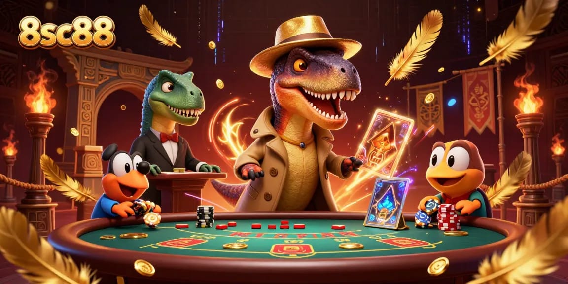 Play blackjack with a 3D velociraptor at the 8sc88 casino, evoking excitement in a vibrant atmosphere.