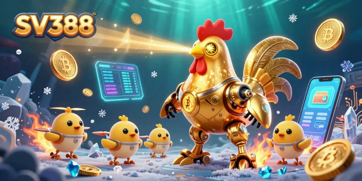 SV388 golden rooster robot showcases live cockfighting with a dynamic scene of baby chick drones.