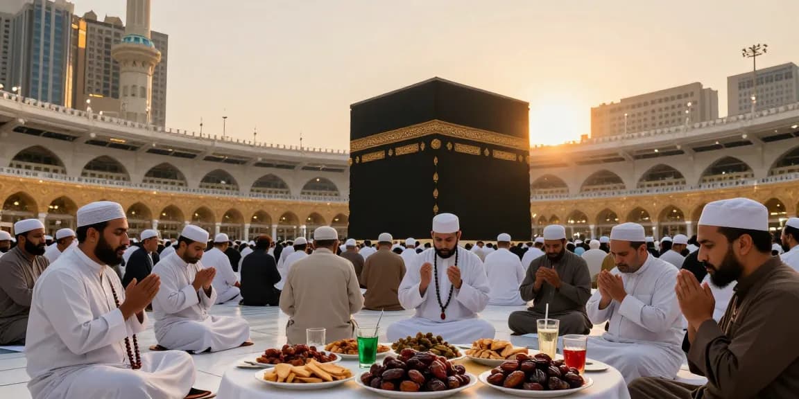The essence of umroh ramadhan captured in Makkah as pilgrims unite for Iftar, sharing spirituality and devotion, surrounded by the Grand Mosque's stunning architecture.
