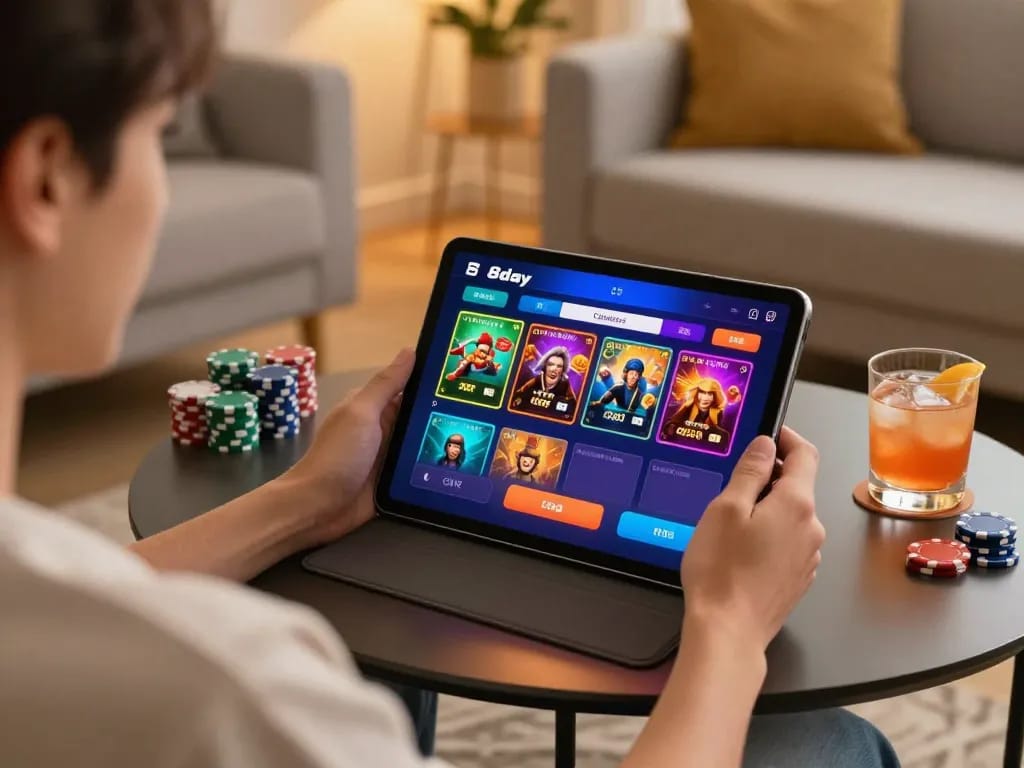 Player engaging with the 8day online casino app on a tablet, showcasing interactive gambling features.