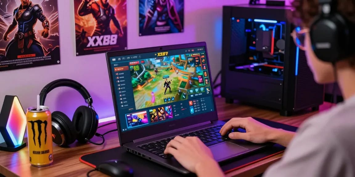 Dynamic online gaming experience with XX88 platform showcasing vibrant graphics and gaming accessories.