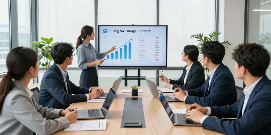 Team discussing big six energy suppliers and strategies to save on energy costs in a bright conference room