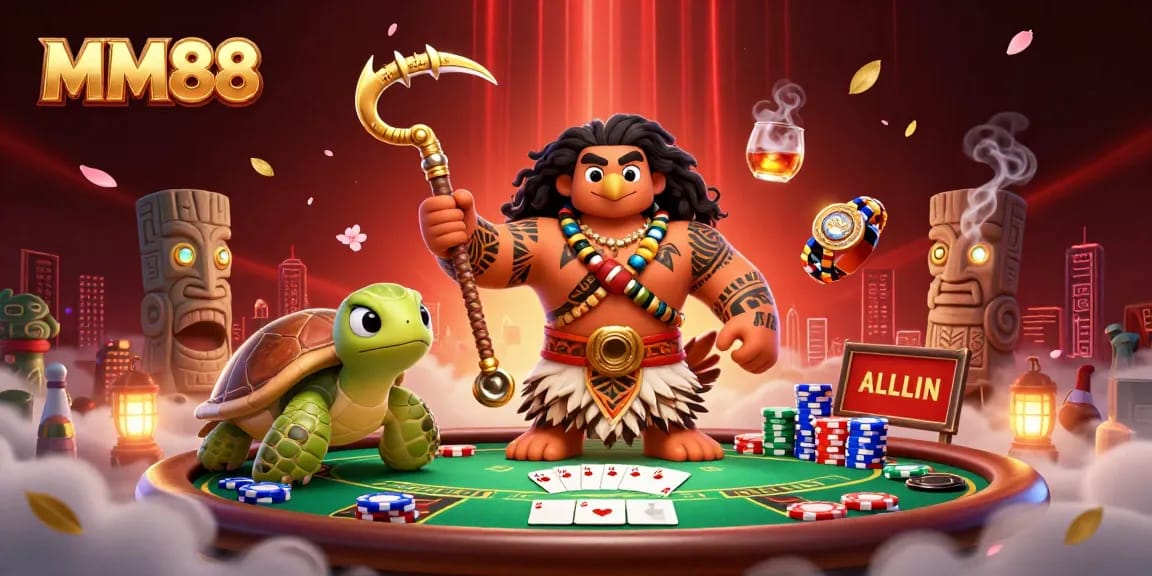 Experience thrilling gameplay with MM88 at a vibrant poker table surrounded by vivid casino elements.