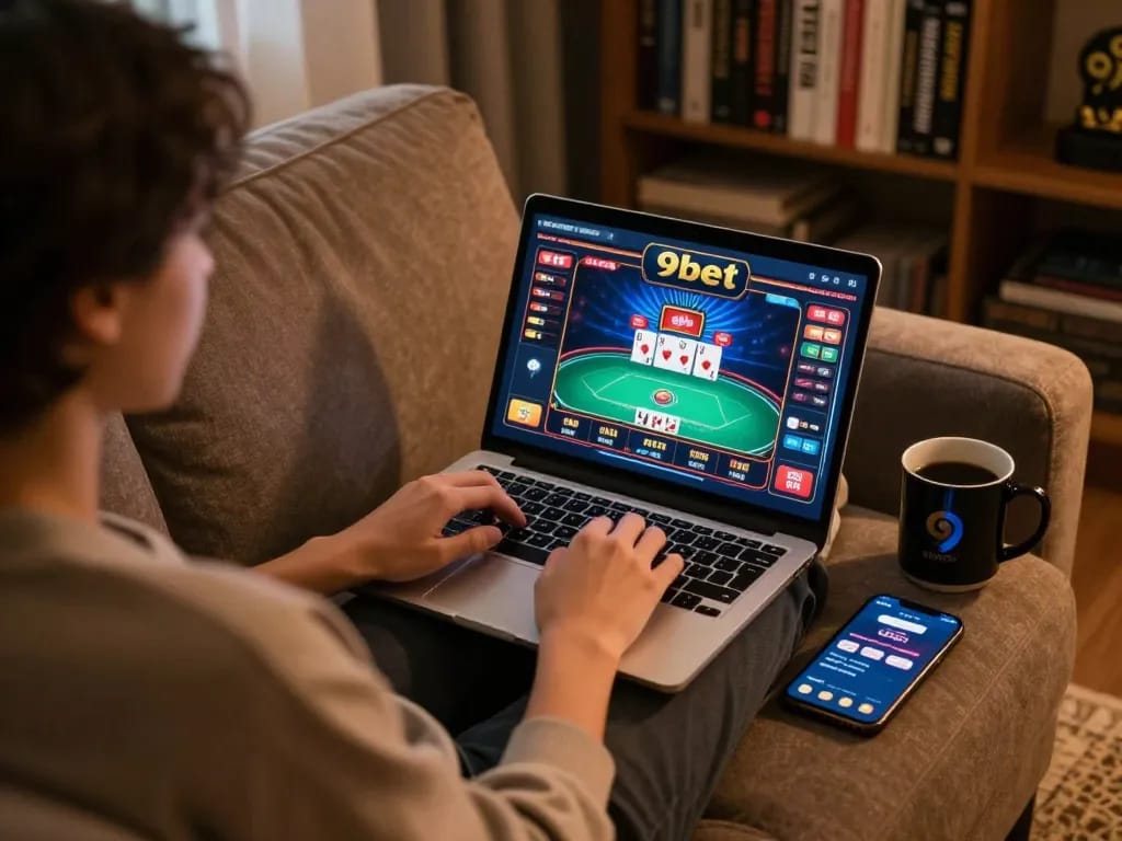 Person playing poker on 9bet mobile app, showcasing an engaging home gaming setup