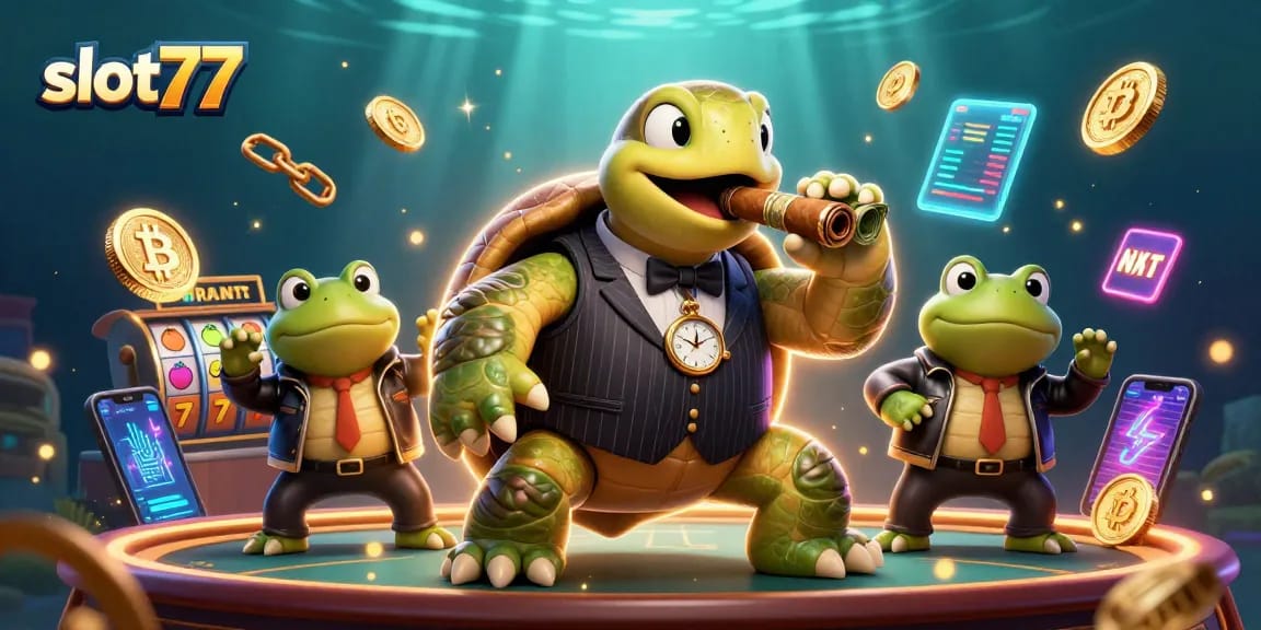 Play engaging slots with slot77 amidst a vibrant casino scene featuring turtles and frogs.