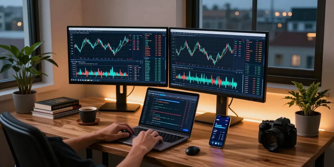 Funexchange platform showcasing cryptocurrency exchange features on a modern trading desk with multiple screens.