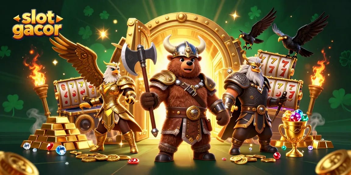 Engage in thrilling slot gacor action with dynamic characters and vibrant treasures in a 3D illustration.