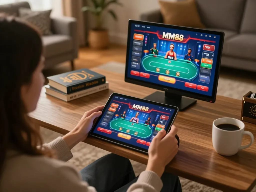 Player enjoying MM88 online casino gaming on tablet in cozy home setting, showcasing responsible entertainment