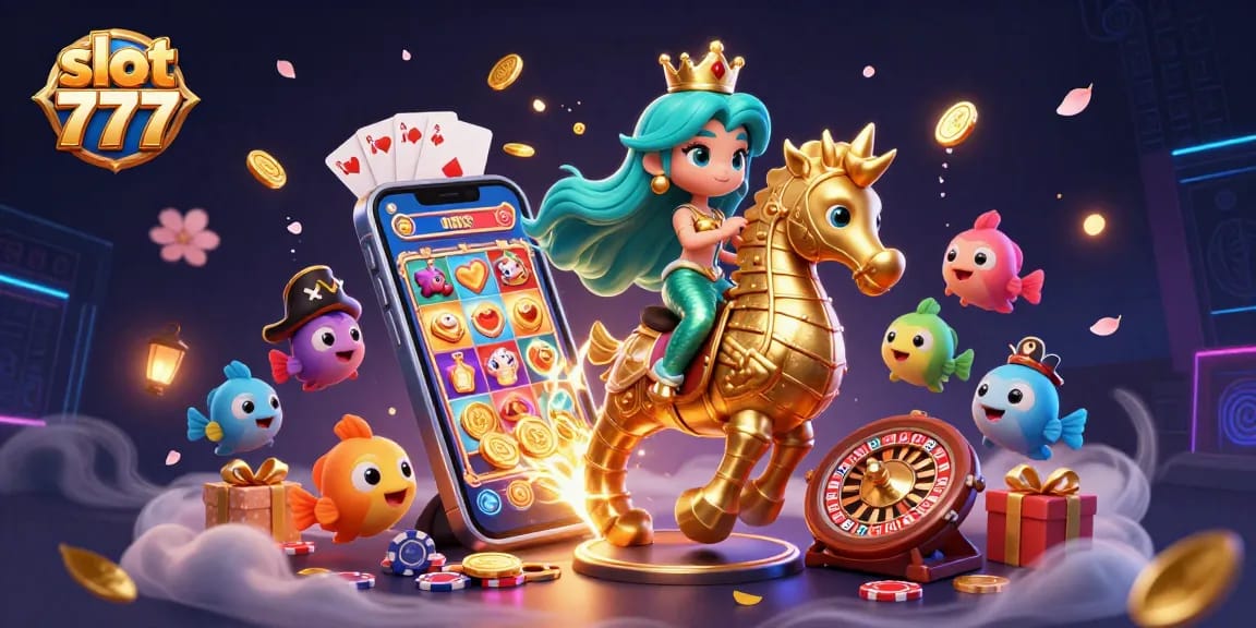 Spin and win with slot 777 while surrounded by vibrant casino magic and enchanting characters.
