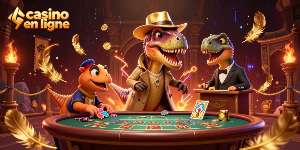 Jouez à des jeux captivants au casino en ligne avec une illustration de dinosaures aux tables de blackjack.