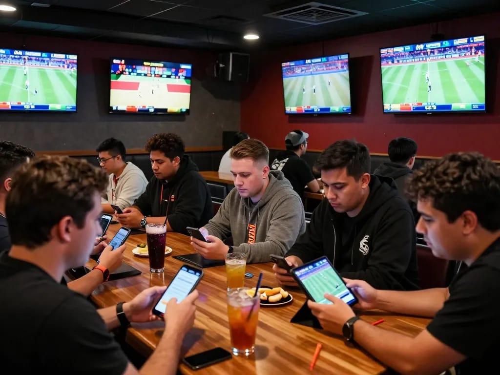 MM88 players engaging in exciting sports betting at a lively venue, placing bets on their smartphones.