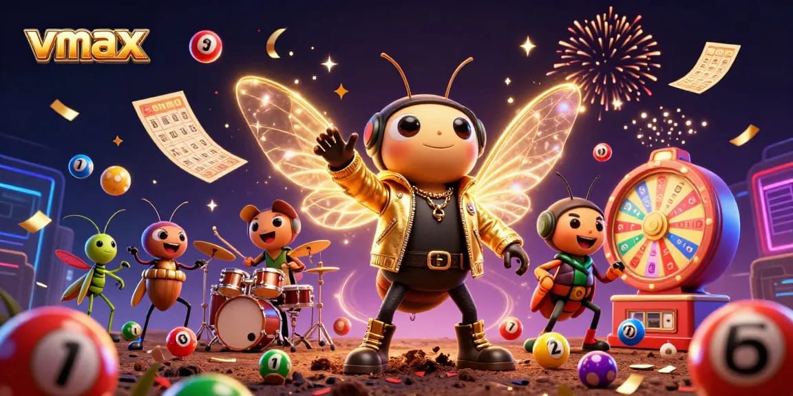 Engage in exhilarating winnings at Vmax with vibrant lottery elements and a lively rock star scene.