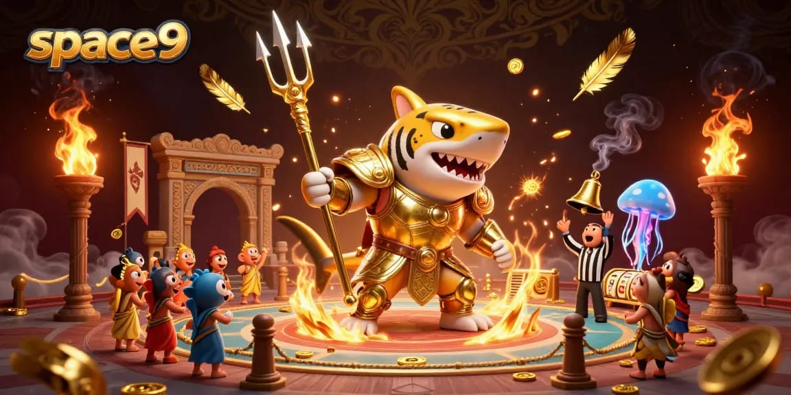 Experience space9's thrilling underwater casino scene with a shark warrior amidst coins and slot reels.