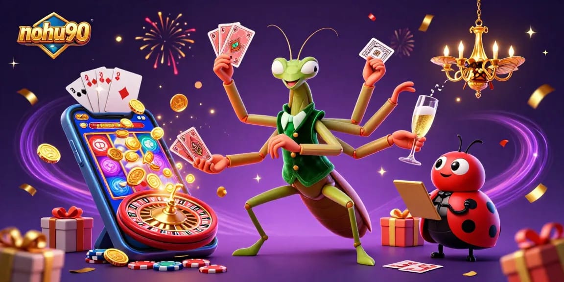 Nohu90 offers thrilling casino gaming with a vibrant 3D celebration scene showcasing slot games and winning moments.