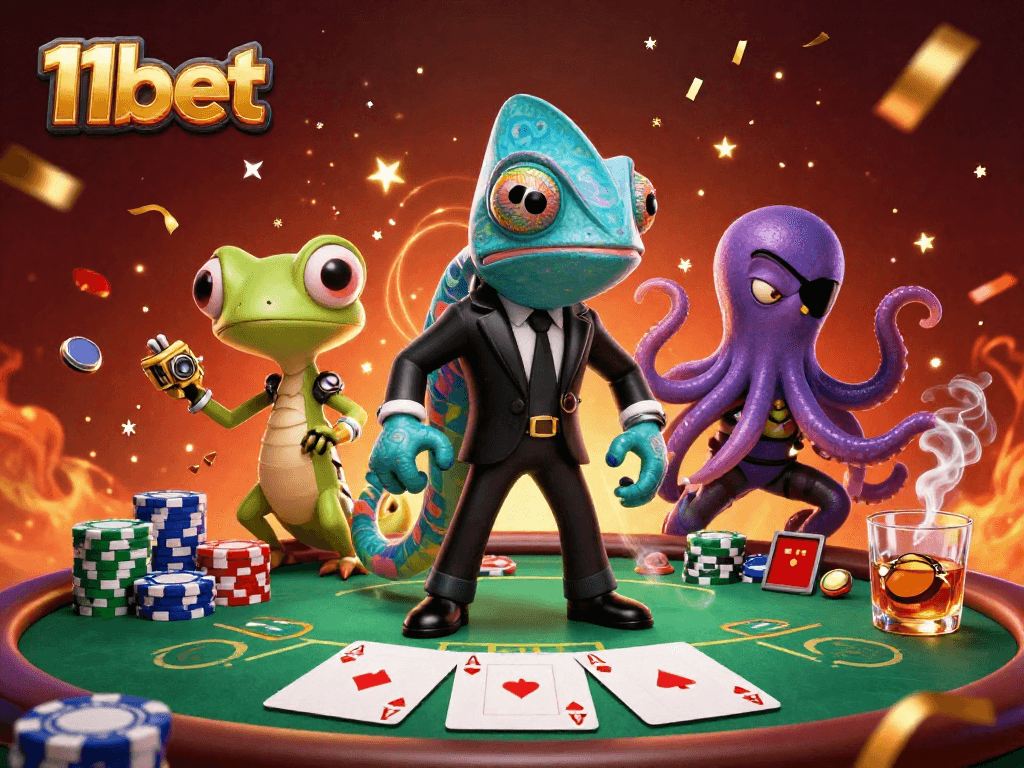 Engage with 11bet and vivid poker elements in a rich casino illustration with dynamic characters.