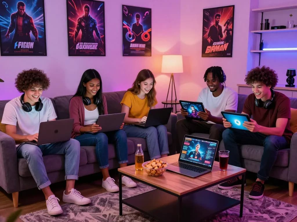 Group of friends joyfully playing online porn games in a cozy living room