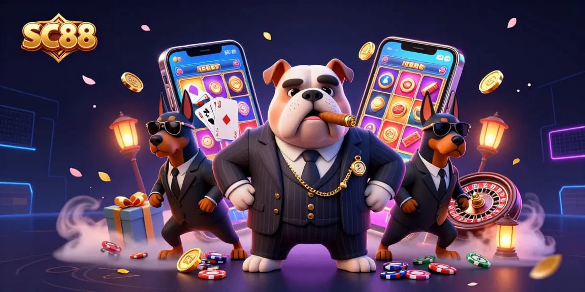 Experience thrilling wins at SC88 with a dynamic scene featuring engaging casino characters and slot games.