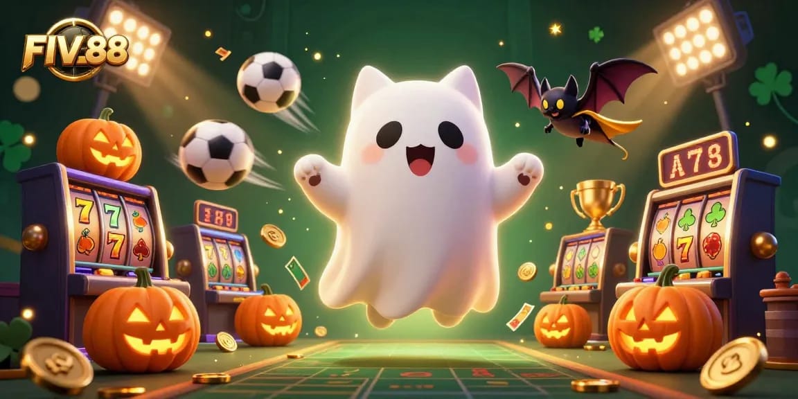 Experience the thrill with FIVE88, featuring a friendly ghost cat in a vibrant casino scene.
