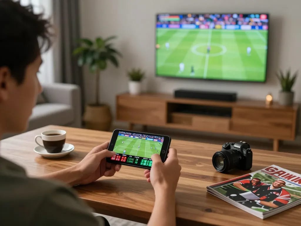 Engaged user placing a bet on 888b sports app during live match, showcasing dynamic gaming atmosphere