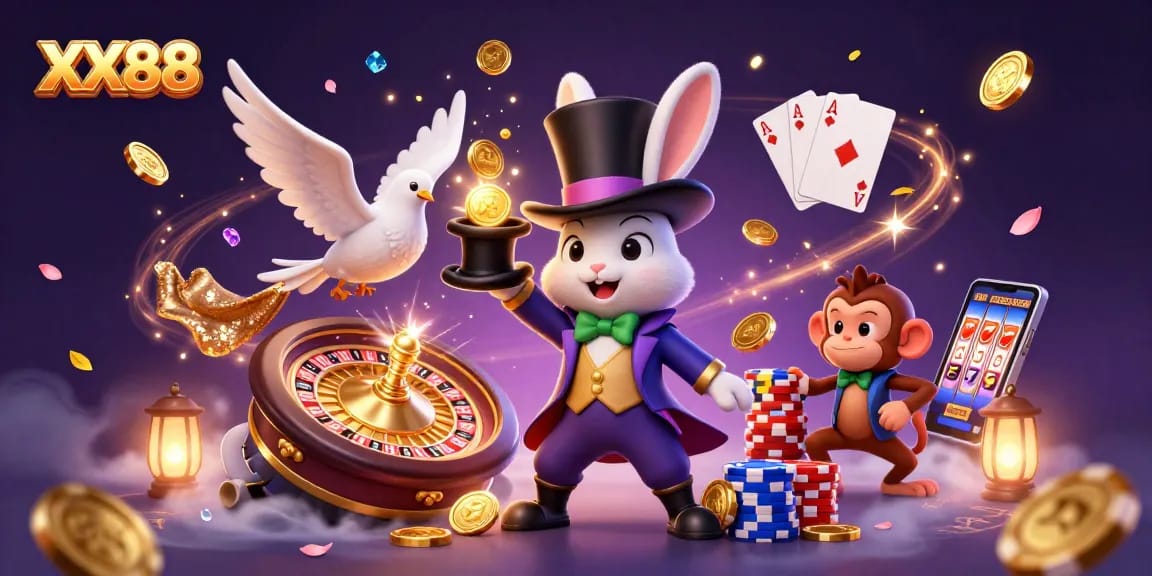 Experience the magic of XX88 with a whimsical scene featuring a rabbit magician, a glamorous dove, and a monkey surrounded by sparkling casino elements.