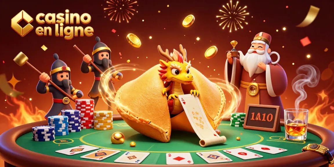 Participez au casino en ligne avec ce dragon sage et un biscuit porte-bonheur, entouré de jeux de cartes.