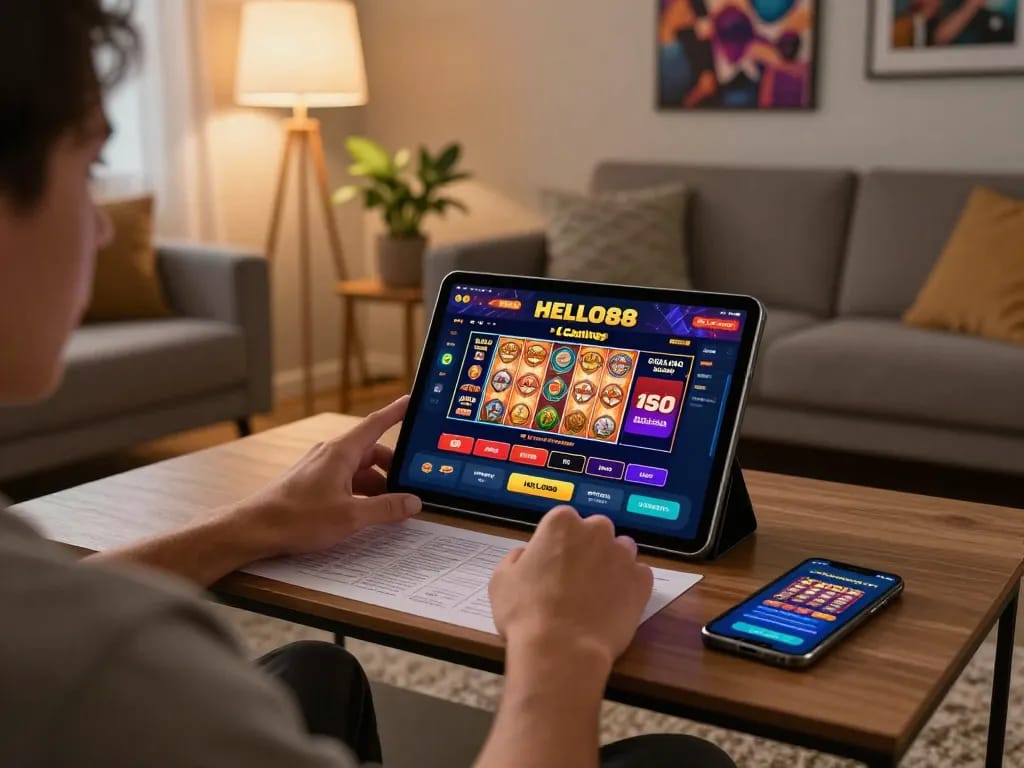 Player engaging with the HELLO88 casino app on a tablet, immersed in online gambling at home.