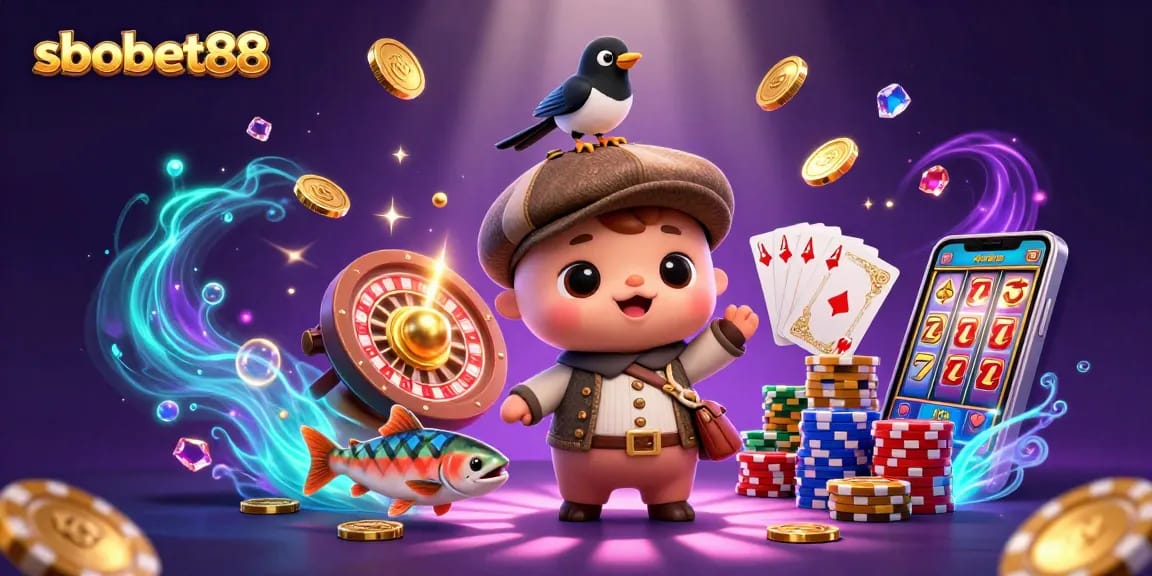 Experience sbobet88 excitement with baby Nessie and friends in a dazzling casino scene.