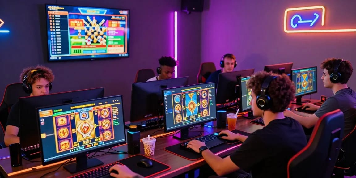 Engaging scene of diverse players enjoying slot deposit 1k games in a dynamic gaming environment with colorful lights and monitors.