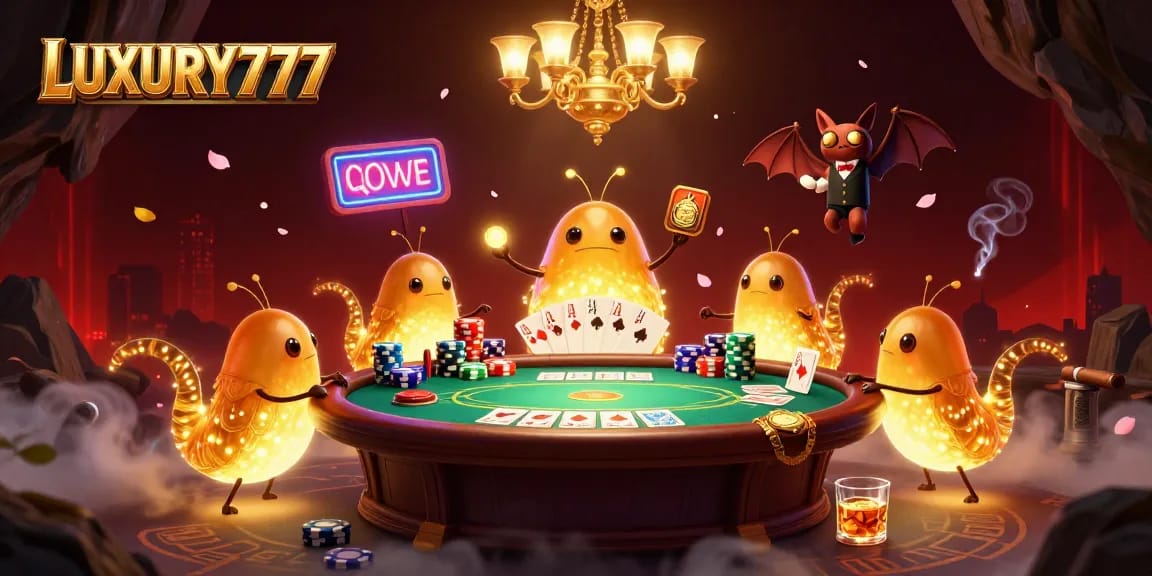 LUXURY777 menampilkan tim glowworm di kasino gua dengan suasana ceria dan permainan poker yang menegangkan.