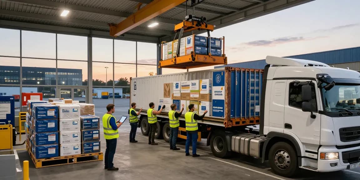 LKW Spedition in Dortmund: Logistikzentrum mit einem Unterhaltungstruck, der mit Frachtcontainern beladen wird, während ein Team von Fachleuten die Ladung überwacht.