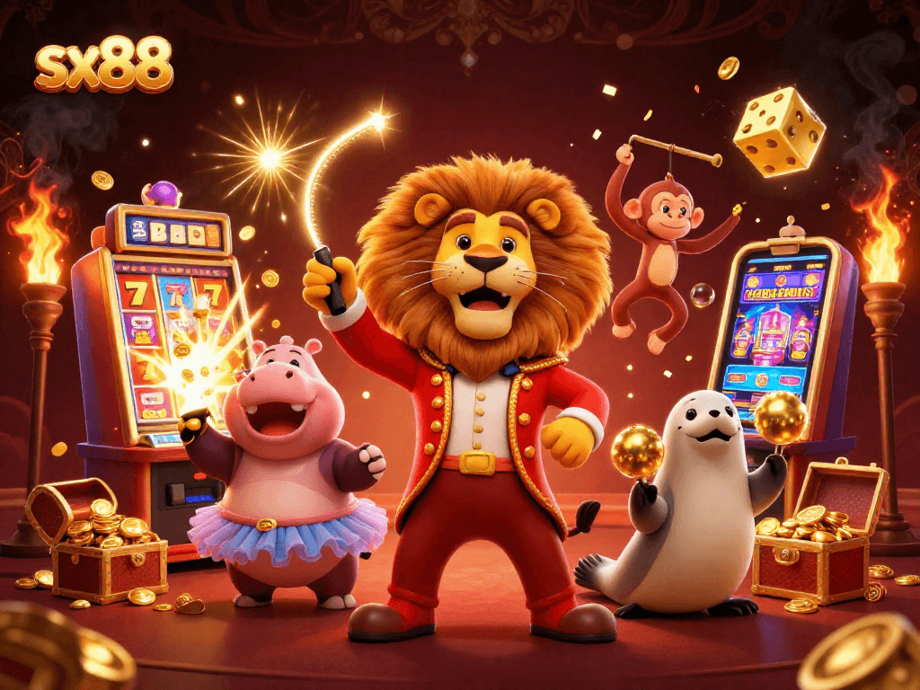 SX88 slot gaming scene featuring a circus lion, hippo, and monkey celebrating a jackpot with colorful casino elements.