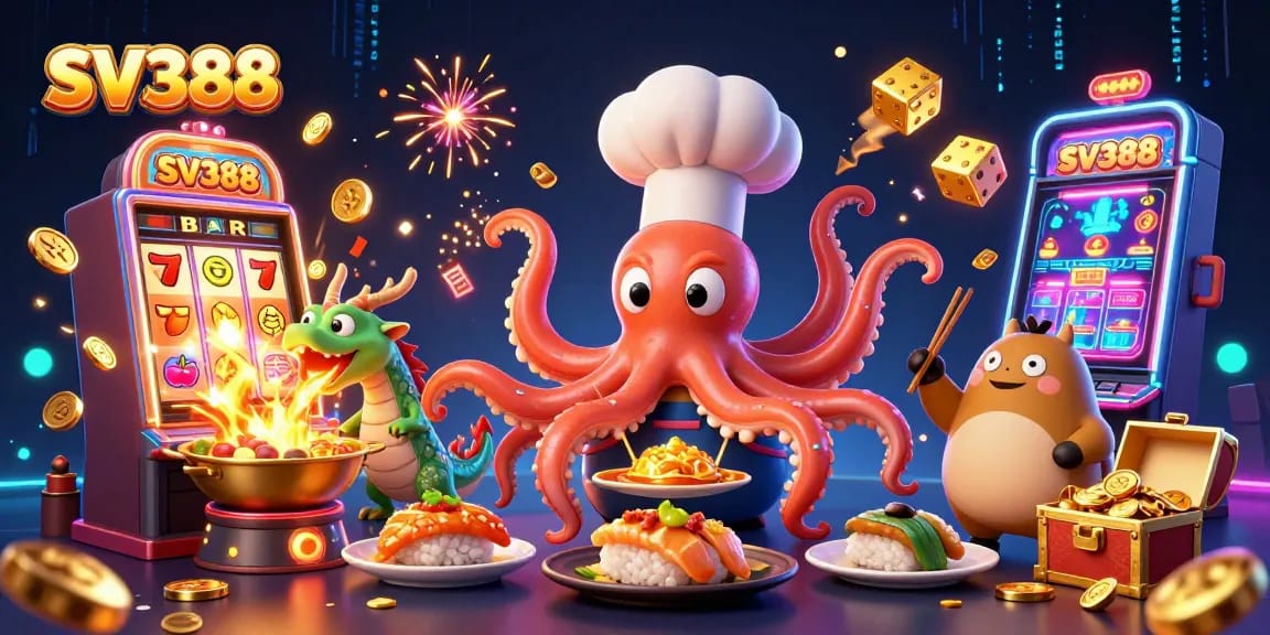 SV388 showcases an exciting dynamic scene of a cartoon octopus chef and dragon amidst a vibrant casino backdrop.