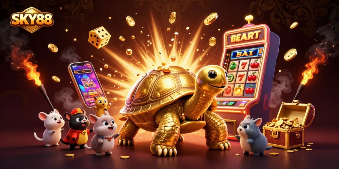 SKY88 offers a vibrant casino experience with playful tortoise and thrilling slot machine action.