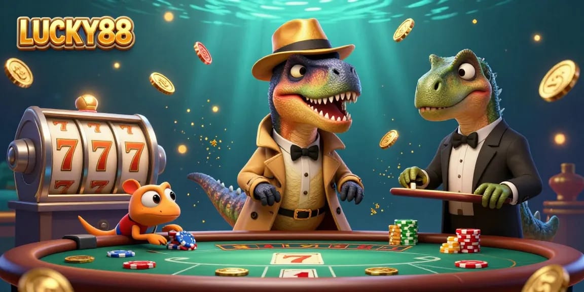 Experience the excitement of LUCKY88 with a vibrant 3D illustration featuring a velociraptor at a blackjack table