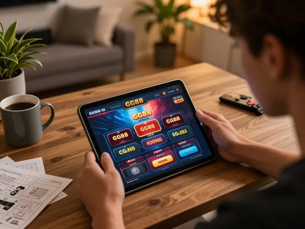 Engage with online gaming on GG88, showcasing the vibrant interface and strategic betting options in a cozy setting