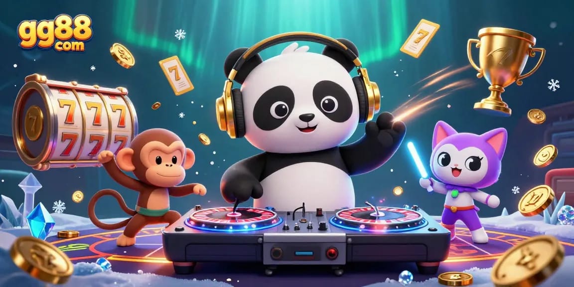 Engage with gg88 com's thrilling atmosphere featuring a DJ panda and vibrant casino elements.