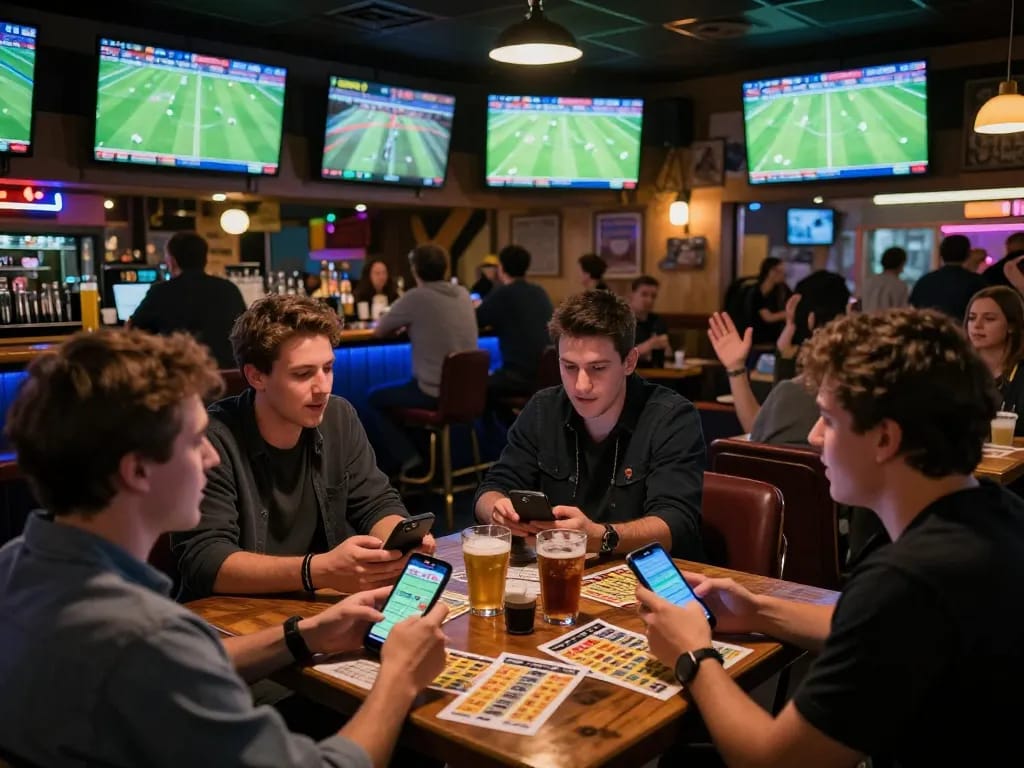 kèo nhà cái sports betting action with fans placing mobile bets in lively bar atmosphere
