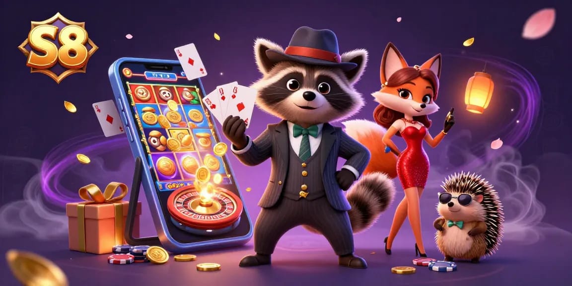 S8 gamblers enjoying casino games with a raccoon, fox, and hedgehog in a vibrant 3D scene