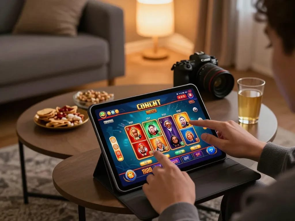 Participating in llwin Download on a tablet in a cozy living room setting while engaging in online gaming.