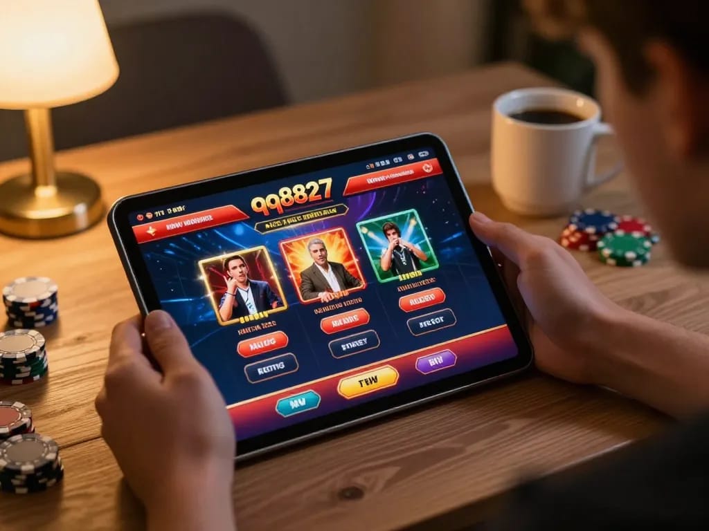 Player engaging with the qq8827 casino app on a tablet while surrounded by poker chips in a cozy setting
