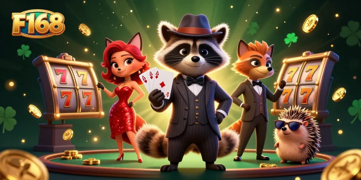 Join the excitement at F168 with a suave raccoon, fabulous fox, and cool hedgehog in a vibrant casino scene.