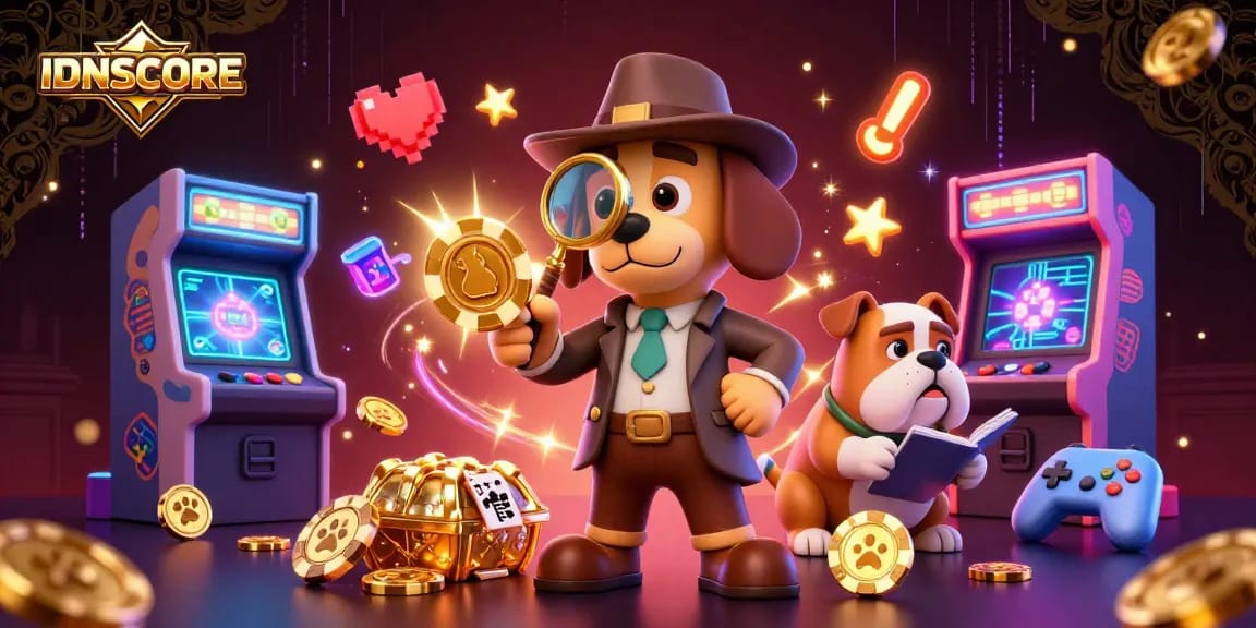 IDNSCORE gaming scene featuring a detective and bulldog among vibrant casino elements and clues.
